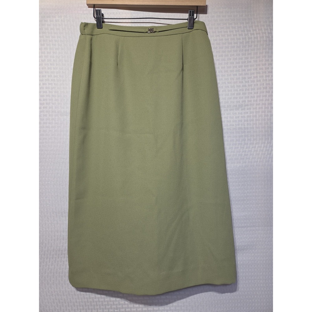 Karen Scott Women's Size 10 Olive Green Lined Midi Skirt Polyester Back Vent...